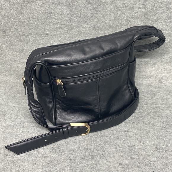 SAS Handbags - Vintage SAS Black Leather Crossbody Shoulder Bag Purse Made in USA Gold Hardware